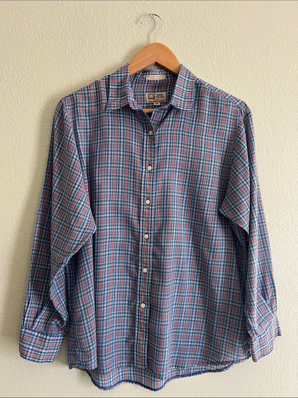 Anne Klein Blue and Pink Plaid Button-Down Shirt